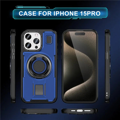 For iPhone 15 Pro Case TPU+PC Kickstand Phone Cover with Silicone Finger Strap