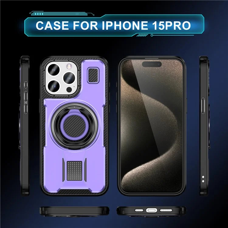For iPhone 15 Pro Case TPU+PC Kickstand Phone Cover with Silicone Finger Strap