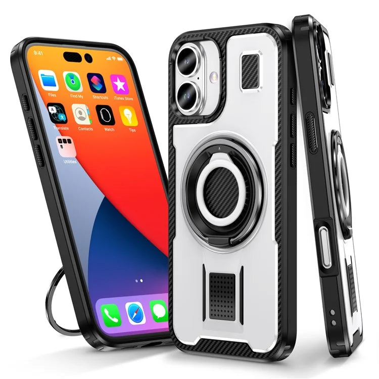 For iPhone 16 Case TPU+PC Kickstand Phone Cover with Silicone Finger Strap
