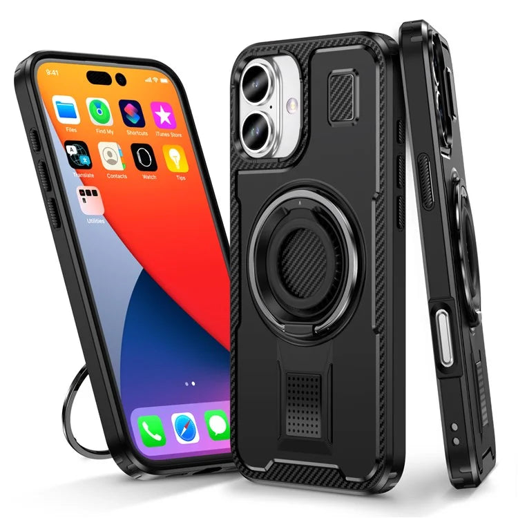 For iPhone 16 Case TPU+PC Kickstand Phone Cover with Silicone Finger Strap