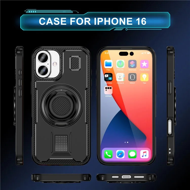 For iPhone 16 Case TPU+PC Kickstand Phone Cover with Silicone Finger Strap