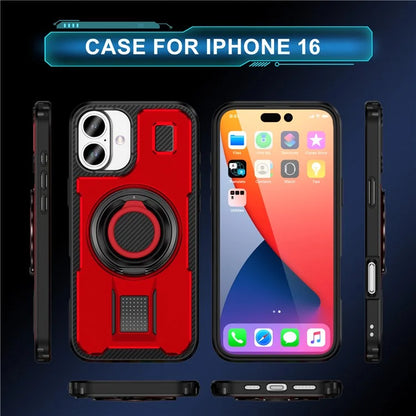 For iPhone 16 Case TPU+PC Kickstand Phone Cover with Silicone Finger Strap