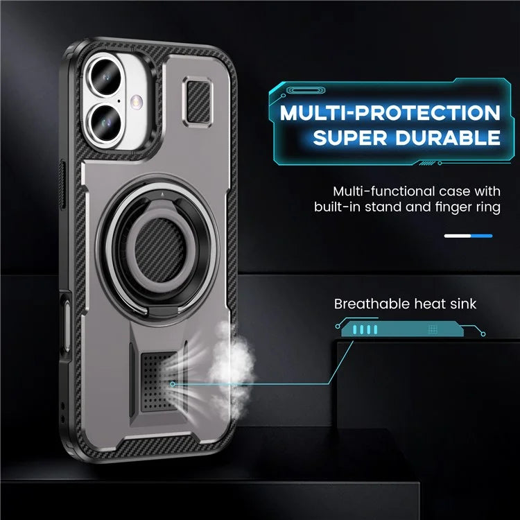 For iPhone 16 Case TPU+PC Kickstand Phone Cover with Silicone Finger Strap