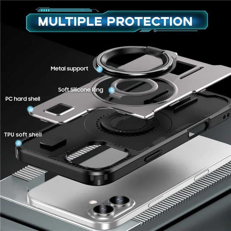 For iPhone 16 Case TPU+PC Kickstand Phone Cover with Silicone Finger Strap