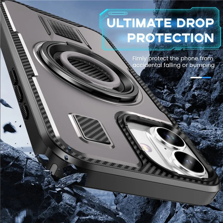 For iPhone 16 Case TPU+PC Kickstand Phone Cover with Silicone Finger Strap