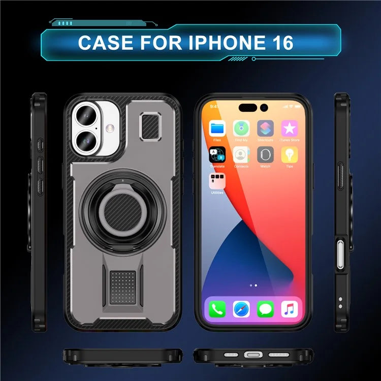 For iPhone 16 Case TPU+PC Kickstand Phone Cover with Silicone Finger Strap