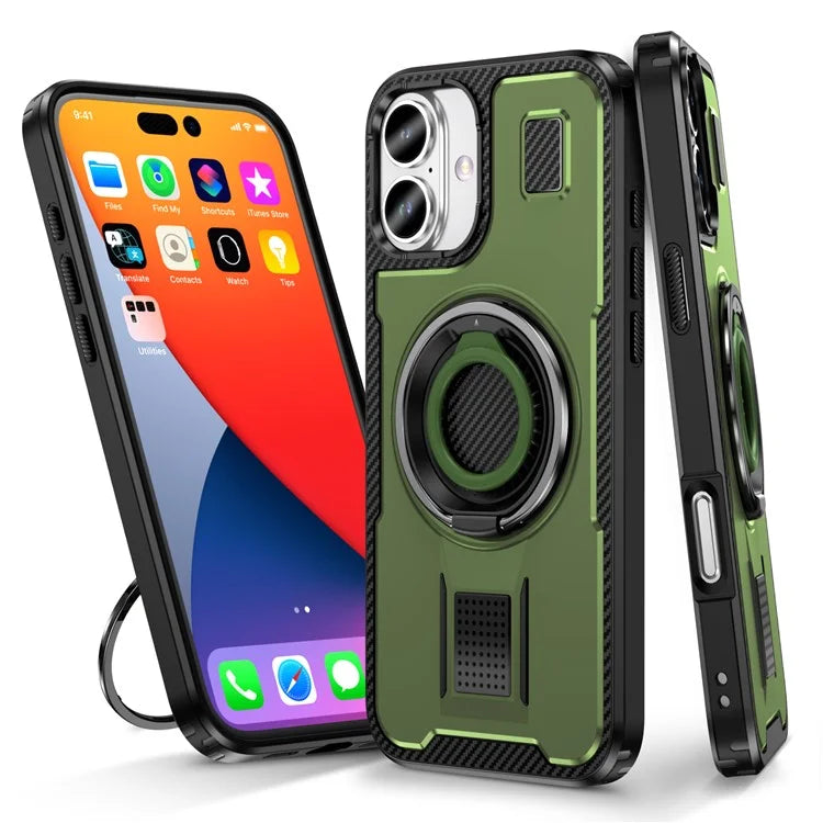 For iPhone 16 Case TPU+PC Kickstand Phone Cover with Silicone Finger Strap