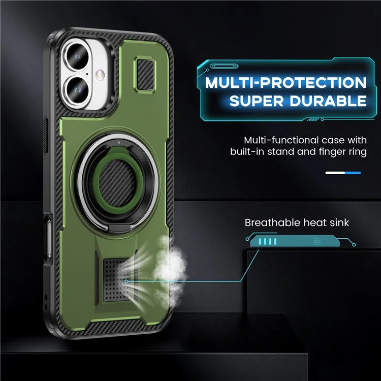 For iPhone 16 Case TPU+PC Kickstand Phone Cover with Silicone Finger Strap
