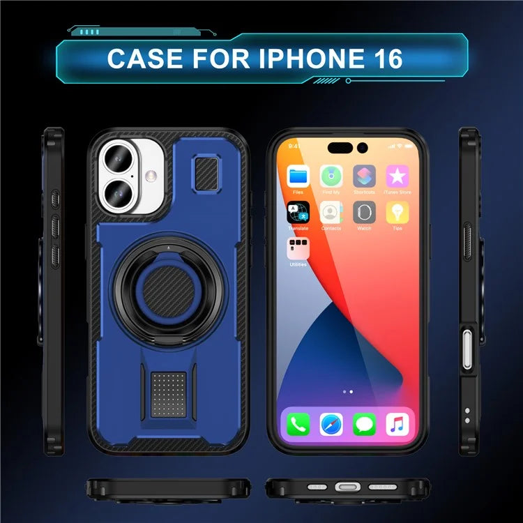 For iPhone 16 Case TPU+PC Kickstand Phone Cover with Silicone Finger Strap