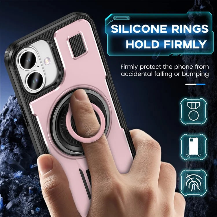 For iPhone 16 Case TPU+PC Kickstand Phone Cover with Silicone Finger Strap