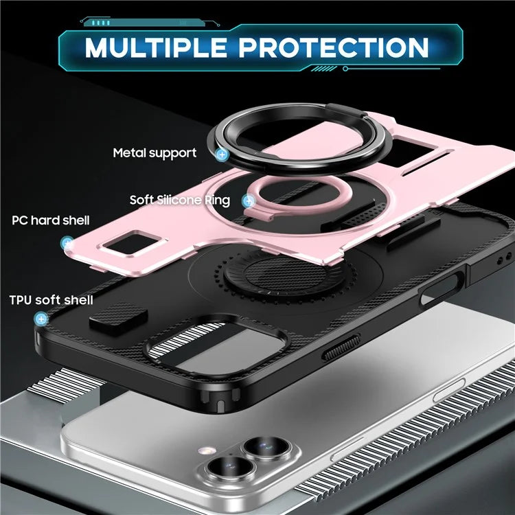 For iPhone 16 Case TPU+PC Kickstand Phone Cover with Silicone Finger Strap