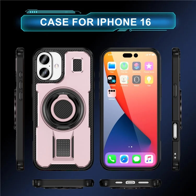 For iPhone 16 Case TPU+PC Kickstand Phone Cover with Silicone Finger Strap