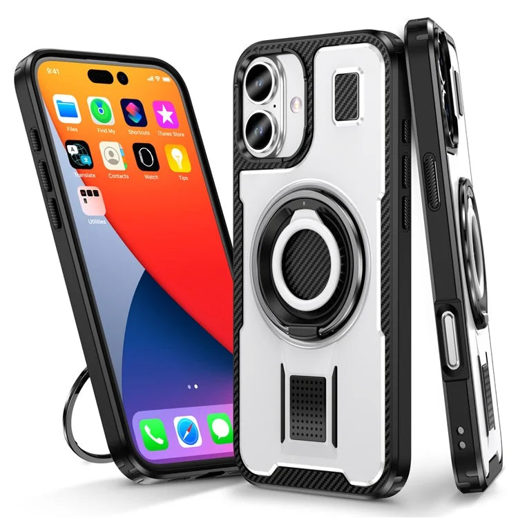 For iPhone 16 Plus Case TPU+PC Kickstand Phone Cover with Silicone Finger Strap