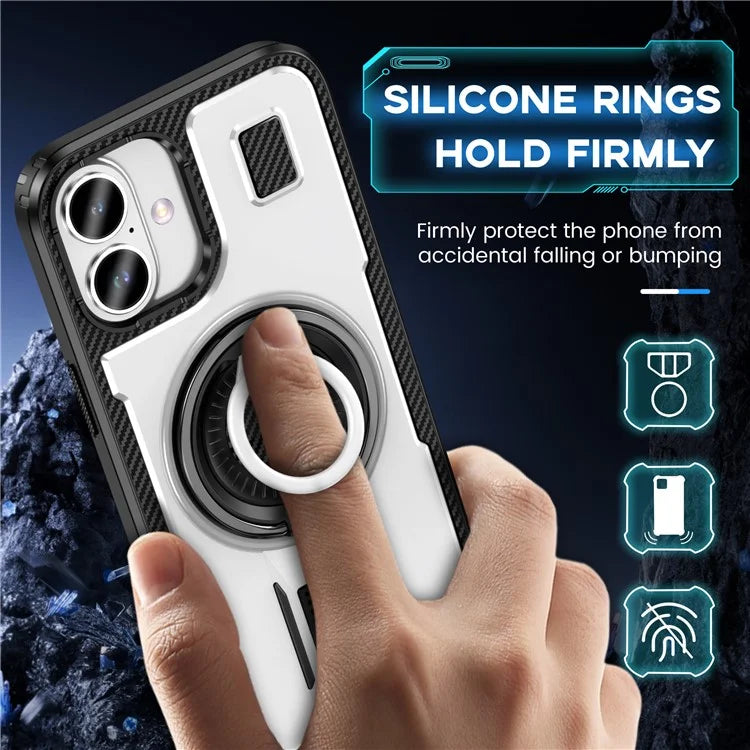 For iPhone 16 Plus Case TPU+PC Kickstand Phone Cover with Silicone Finger Strap