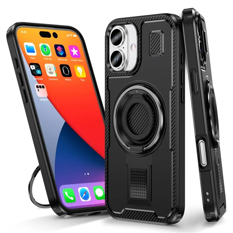 For iPhone 16 Plus Case TPU+PC Kickstand Phone Cover with Silicone Finger Strap