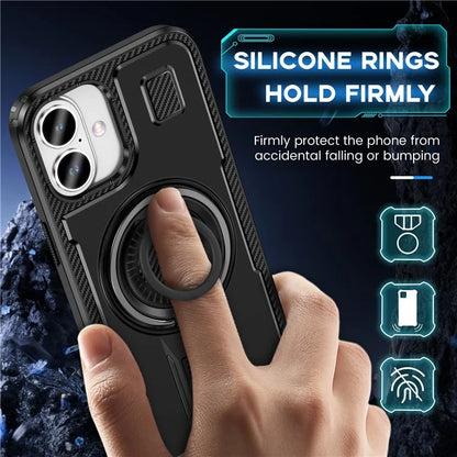 For iPhone 16 Plus Case TPU+PC Kickstand Phone Cover with Silicone Finger Strap