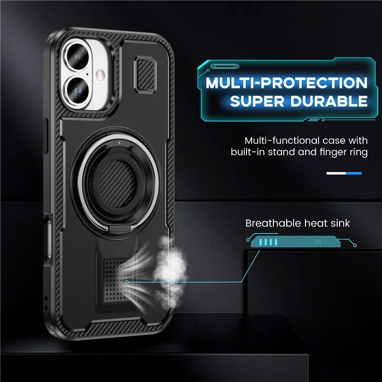 For iPhone 16 Plus Case TPU+PC Kickstand Phone Cover with Silicone Finger Strap