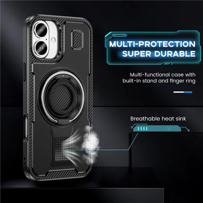 For iPhone 16 Plus Case TPU+PC Kickstand Phone Cover with Silicone Finger Strap
