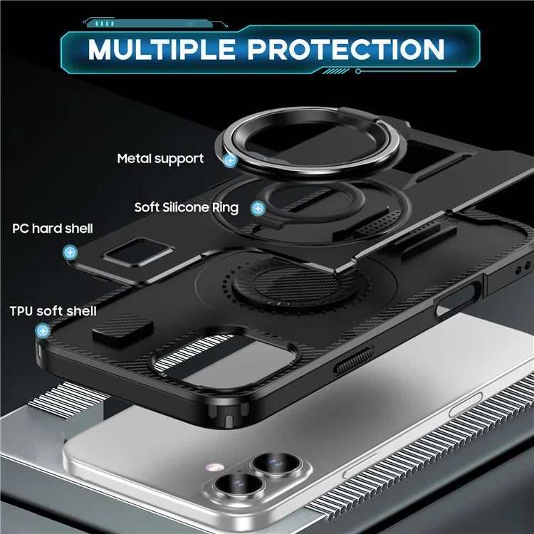 For iPhone 16 Plus Case TPU+PC Kickstand Phone Cover with Silicone Finger Strap