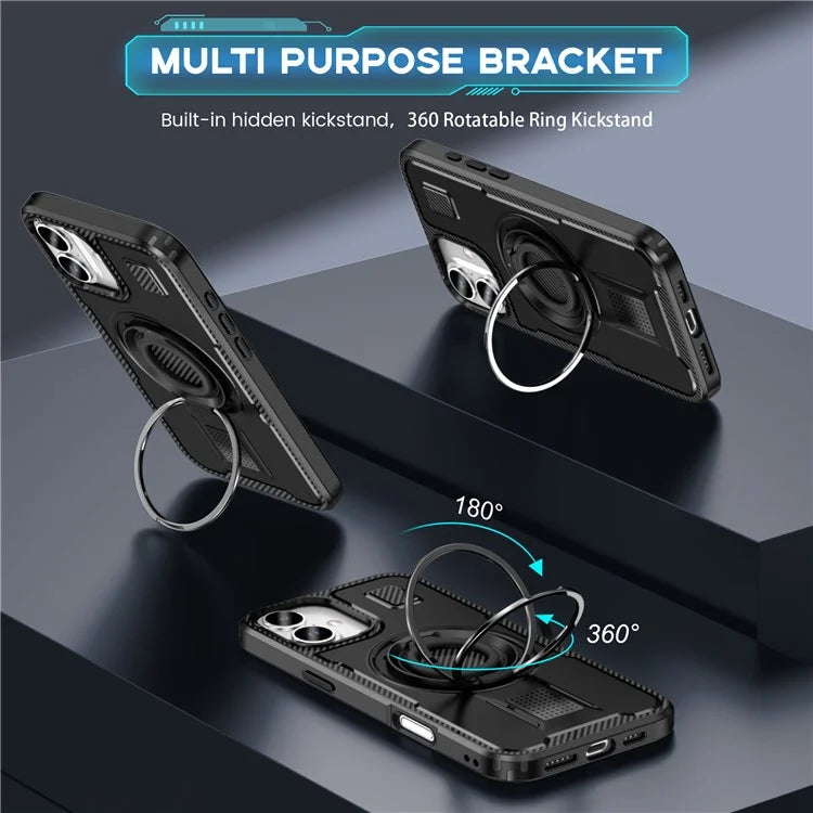 For iPhone 16 Plus Case TPU+PC Kickstand Phone Cover with Silicone Finger Strap