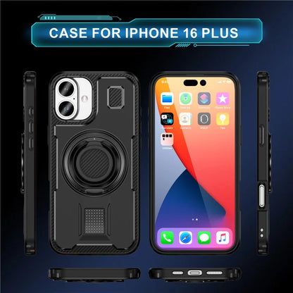 For iPhone 16 Plus Case TPU+PC Kickstand Phone Cover with Silicone Finger Strap
