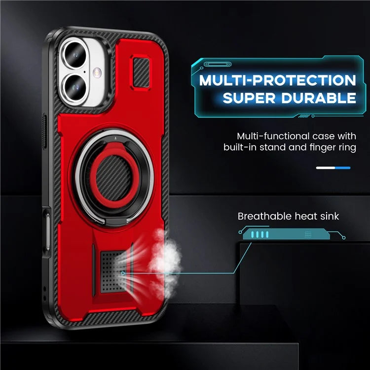 For iPhone 16 Plus Case TPU+PC Kickstand Phone Cover with Silicone Finger Strap