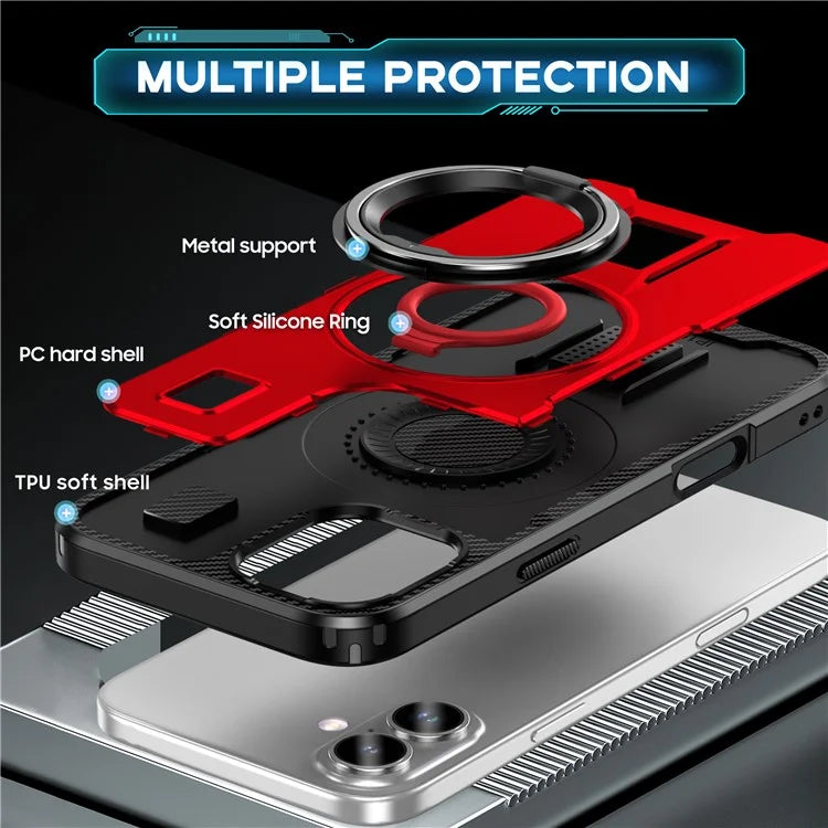 For iPhone 16 Plus Case TPU+PC Kickstand Phone Cover with Silicone Finger Strap
