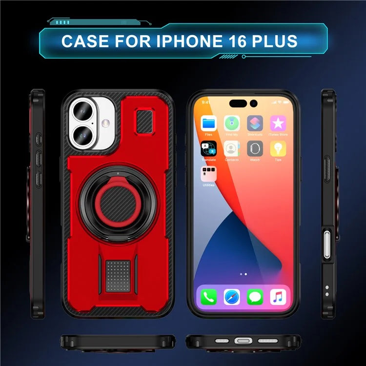 For iPhone 16 Plus Case TPU+PC Kickstand Phone Cover with Silicone Finger Strap
