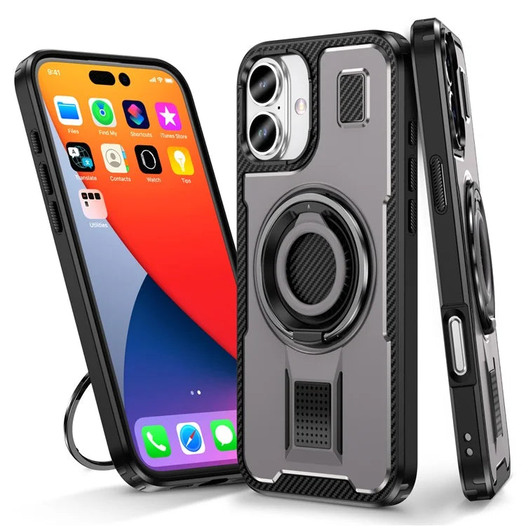 For iPhone 16 Plus Case TPU+PC Kickstand Phone Cover with Silicone Finger Strap