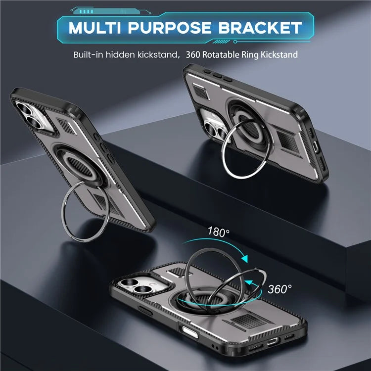 For iPhone 16 Plus Case TPU+PC Kickstand Phone Cover with Silicone Finger Strap