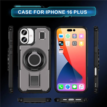 For iPhone 16 Plus Case TPU+PC Kickstand Phone Cover with Silicone Finger Strap