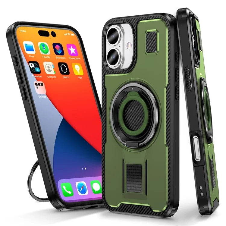 For iPhone 16 Plus Case TPU+PC Kickstand Phone Cover with Silicone Finger Strap