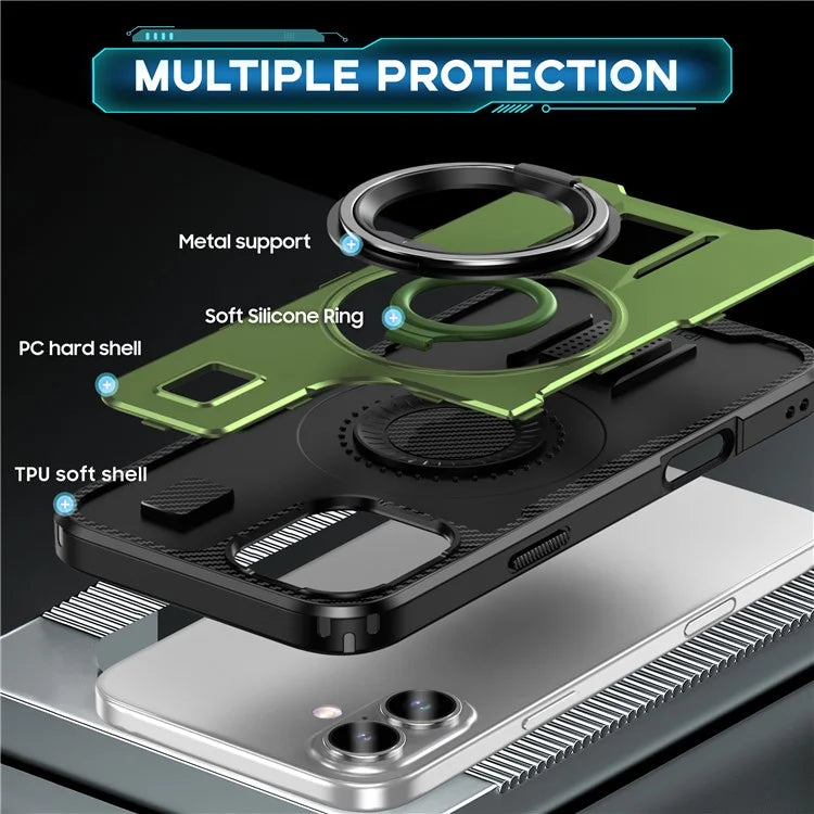 For iPhone 16 Plus Case TPU+PC Kickstand Phone Cover with Silicone Finger Strap