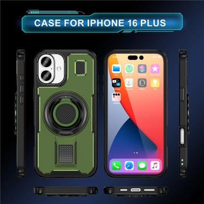 For iPhone 16 Plus Case TPU+PC Kickstand Phone Cover with Silicone Finger Strap
