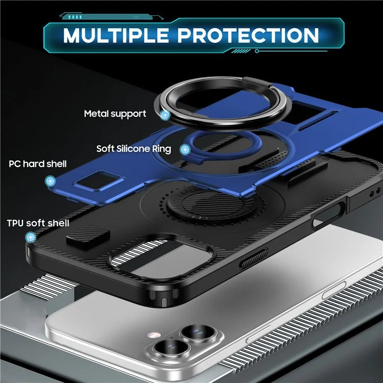 For iPhone 16 Plus Case TPU+PC Kickstand Phone Cover with Silicone Finger Strap