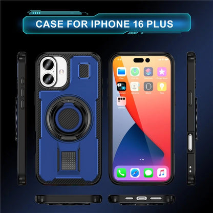 For iPhone 16 Plus Case TPU+PC Kickstand Phone Cover with Silicone Finger Strap
