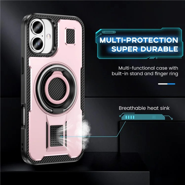 For iPhone 16 Plus Case TPU+PC Kickstand Phone Cover with Silicone Finger Strap
