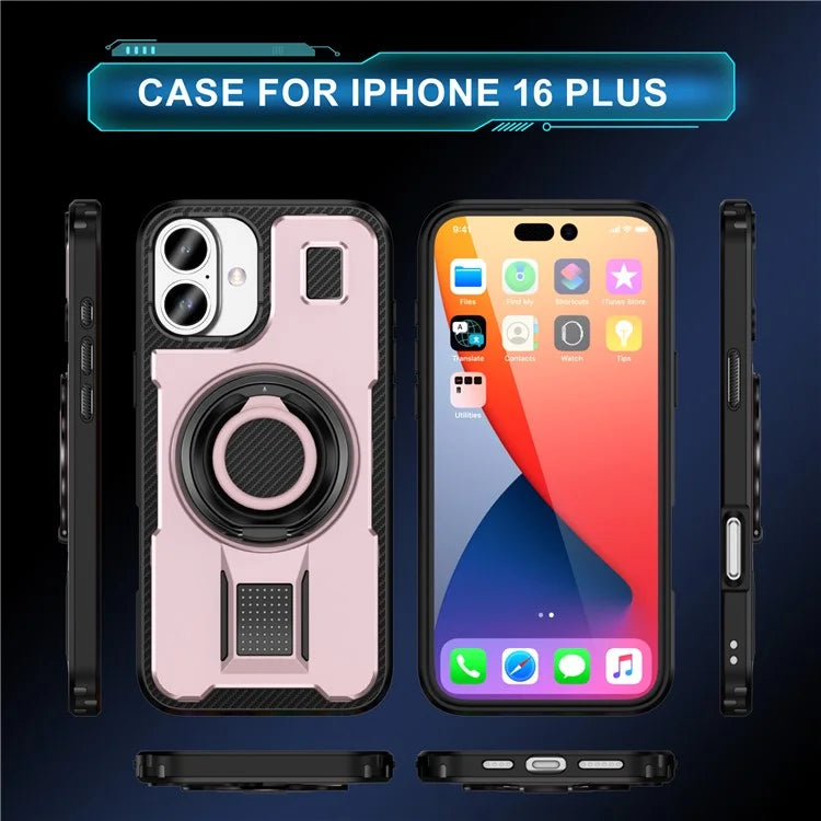 For iPhone 16 Plus Case TPU+PC Kickstand Phone Cover with Silicone Finger Strap