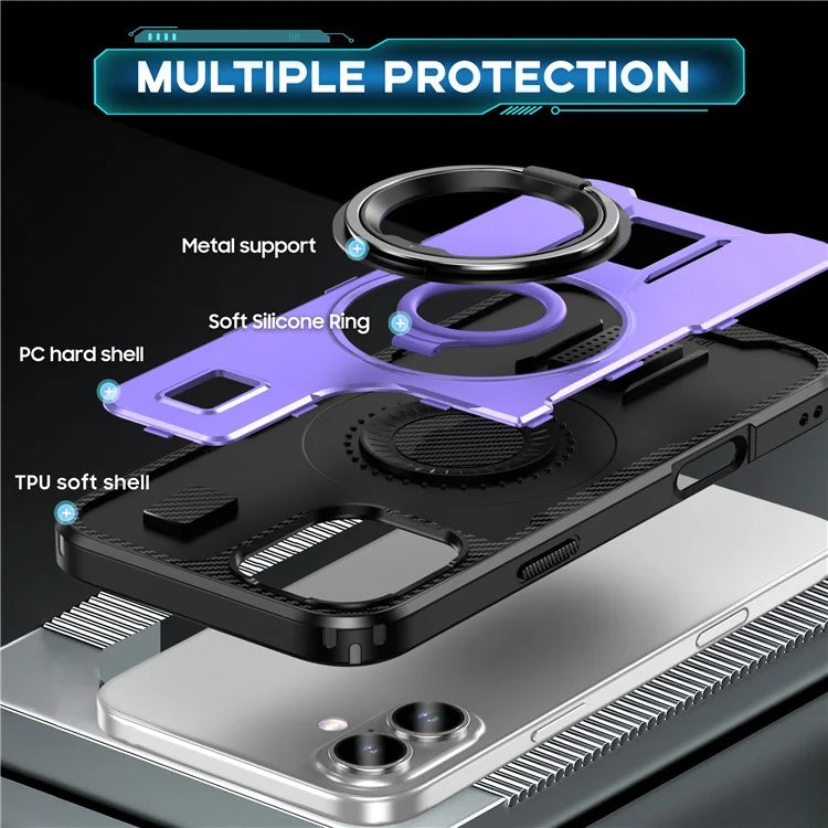 For iPhone 16 Plus Case TPU+PC Kickstand Phone Cover with Silicone Finger Strap