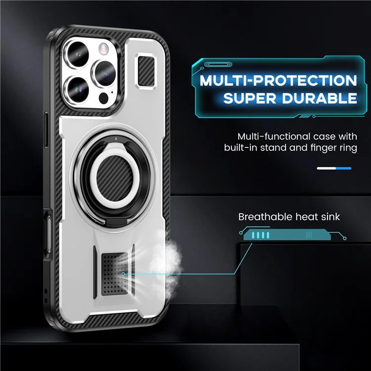 For iPhone 16 Pro Case TPU+PC Kickstand Phone Cover with Silicone Finger Strap