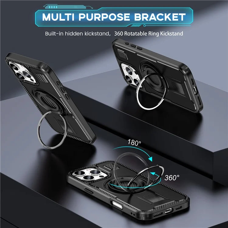 For iPhone 16 Pro Case TPU+PC Kickstand Phone Cover with Silicone Finger Strap