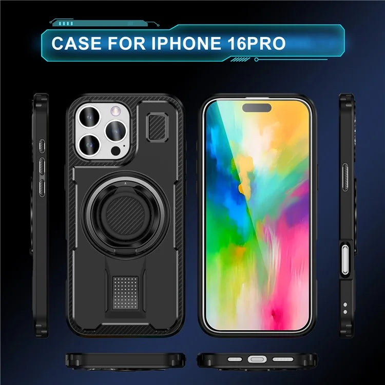 For iPhone 16 Pro Case TPU+PC Kickstand Phone Cover with Silicone Finger Strap