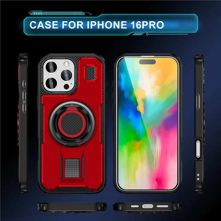 For iPhone 16 Pro Case TPU+PC Kickstand Phone Cover with Silicone Finger Strap