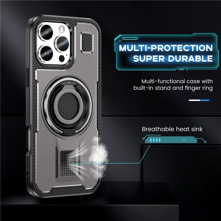 For iPhone 16 Pro Case TPU+PC Kickstand Phone Cover with Silicone Finger Strap