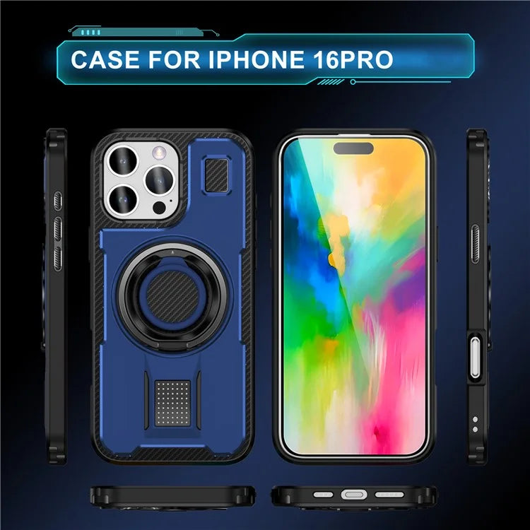 For iPhone 16 Pro Case TPU+PC Kickstand Phone Cover with Silicone Finger Strap