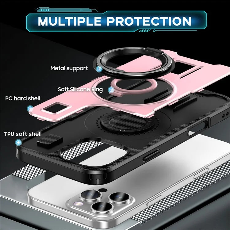 For iPhone 16 Pro Case TPU+PC Kickstand Phone Cover with Silicone Finger Strap