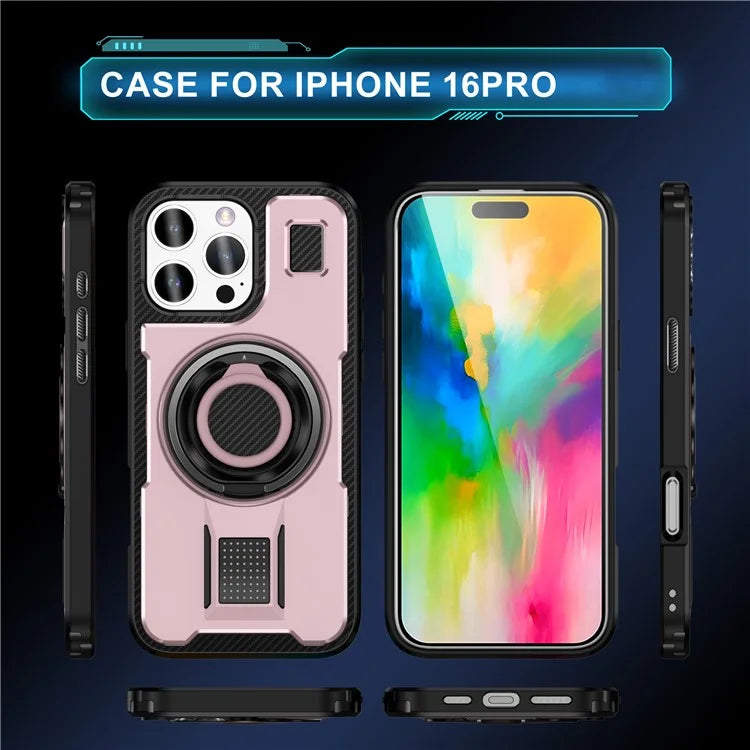 For iPhone 16 Pro Case TPU+PC Kickstand Phone Cover with Silicone Finger Strap