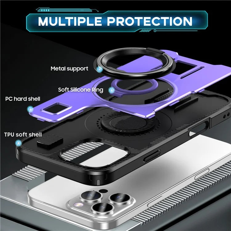 For iPhone 16 Pro Case TPU+PC Kickstand Phone Cover with Silicone Finger Strap