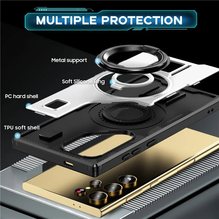 For Samsung Galaxy S24 Ultra Case TPU+PC Kickstand Phone Cover with Silicone Finger Strap