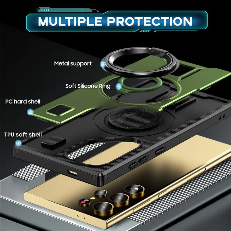 For Samsung Galaxy S24 Ultra Case TPU+PC Kickstand Phone Cover with Silicone Finger Strap